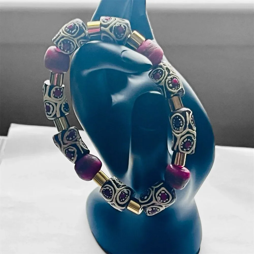 Beaded Stretch Bracelet African Trade Beads Red Brown Ethnic Unisex Handmade